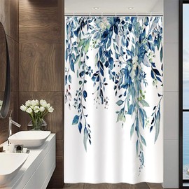 Uiiooazy Shower Curtain, Eucalyptus Blue, Shower Curtain, Green Leaves, Flowers, Pink, White Shower Curtains, Anti Mould, Waterproof Polyester Fabric, Washable Bathroom Curtain with 8 Hooks for