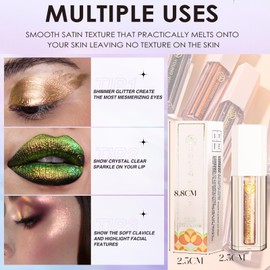 Glitter Eyeshadow, Gold Shimmer Liquid Eyeshadow, Metallic Highly Pigmented Long Lasting Waterproof, Sparkly Eye Glitter Makeup Face Highlighter for Women