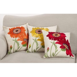 Fennco Styles Le Tournesol Embroidered Sunflower Decorative Throw Pillow, Filler Included, 18-Inch Square - Red Flower Cotton Linen Pillow for Home, Couch, Living Room and Bedroom Décor