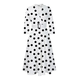 Elainone Women’s 3/4 Sleeve Flared A Line Dress Wedding Guest Casual Semi Formal Office Lady Dresses with Belt BlackDot XL