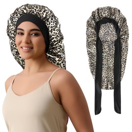 Long Silk Bonnet for Sleeping, Satin Bonnet for Curly Long Hair, Braid, Locs, Dreads, Extra Large Sleep Cap for Women (Leopard)