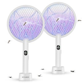 Nymrix Electric Fly Swatter Racket,2 in 1 Mosquito Bug Zapper 4100V Handheld Mosquito Killer with 1800 mAh Rechargeable Battery, Purple Light and 3-Layer Safety Mesh for Indoor Outdoor Grey Two-Pack