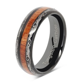 100S JEWELRY 6mm Mens Womens Black Wedding Bands Tungsten Ring Koa Wood Inlaid Silver Scroll Comfort Fit Size 5-9.5 (6)