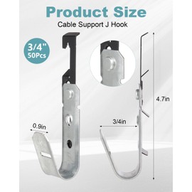 AOKLIT 50 Pcs Metal J Hooks Cable Support 3/4 Inch j Hook Hangers, Wall Mounted Galvanized Cable Support J Hooks for Hanging, J Hook with Bat Wing for Wire Management