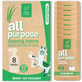 Green Llama Eco-Friendly and Sustainable All-Purpose Refill Tablets | 8-Pack | Lemon Grass Scent | Natural Cleaning Solution for Home with Certified Compostable Packaging