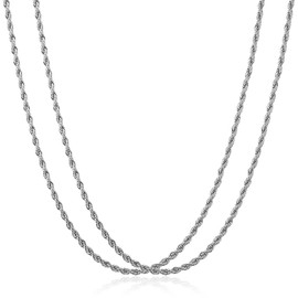 HSWYFCJY - 2 collares de cadena de cuerda para hombres y niños, chapado en oro de 18 quilates / collar de cadena de plata para mujeres y niñas, 2 mm - 4 mm 18 - 30 pulgadas, 26inches, Acero