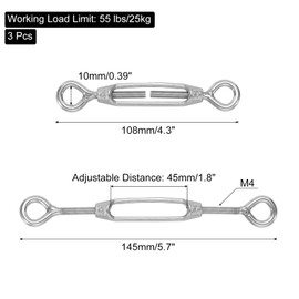 MECCANIXITY M4 Eye and Eye Turnbuckles for Cable Wire Rope Tension, 304 Stainless Steel Turnbuckle Adjustable for Shade Sail String Light Hanging Pack of 3