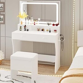 LIKIMIO Vanity Desk with LED Lighted Mirror & Power Outlet & 4 Drawers, Makeup Table Set with Storage Stool and Hair Dryer Stand, White