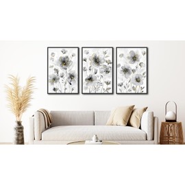 Large Framed Canvas Wall Art - Modern Gray Flowers Painting Prints 24"x36" Set of 3 Watercolor Wildflowers Wall Pictures Abstract Blossom Plant Artwork for Living Room Bedroom Office Home Decor