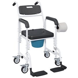 HOMCOM Shower Chair with Wheels 4 in 1, Bedside Commode Wheelchair with Seat, Backrest, Arms, Shower Commode Chair for Seniors, Adults, Injured or Disabled, Black