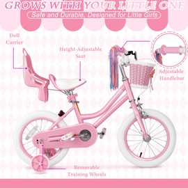 XJD Girls Bike for 2-12 Years Old Toddlers and Kids (Pink, 14 Inch with Training Wheels)