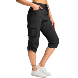 Pudolla Women's Cargo Capri Pants Lightweight Quick Dry Hiking Pants Summer Travel Casual Capris with 5 Pockets (Black Small)