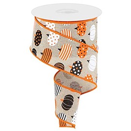 Patterned Pumpkins Canvas Wired Edge Ribbon, 10 Yards (Natural, White, Orange, Black, 2.5 Inch)