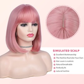Lady Miranda Pink Wig with Bangs Short Straight Hair Bob Wig 12Inch Pink Bob Wigs for Women Synthetic Colorful Cosplay Daily Party Bob Wig