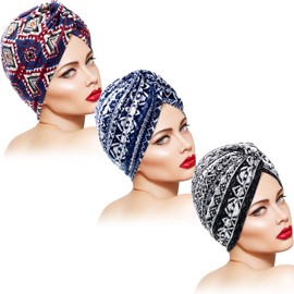 3 Pieces Turban for Women Cotton Soft Turban Patterned Hat Pleated Head Wrap Cap Hair Loss Hat (Black, Navy, Dark Blue)
