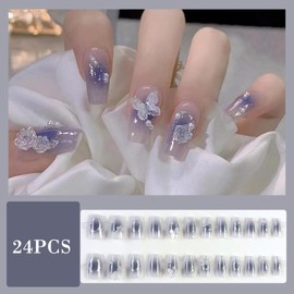 24 Pcs Square False Nails, Butterfly Dance Among Flowers, Full Cover Press on Nails, Removable Glue on Nails Acrylic Fake Nails with Glue Stickers, Women Girls Nail Art Accessories