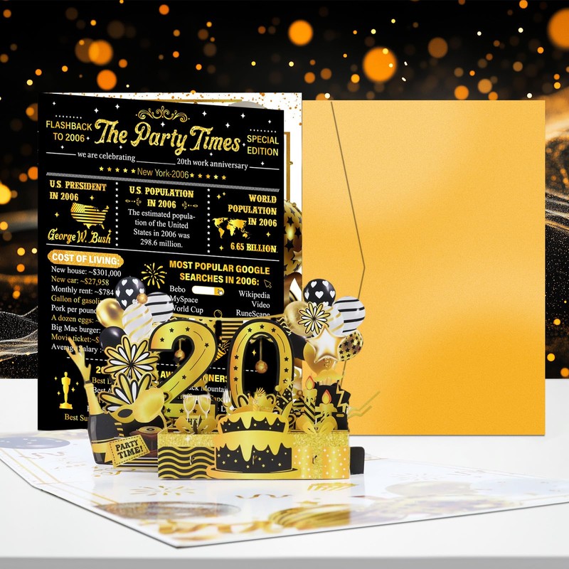 TAKEALOOKO Large 20th Work Anniversary Card - Black Gold 3D