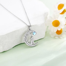 ONEFINITY Wolf Necklace 925 Sterling Silver Crescent Moon Wolf Pendant Moonstone Necklace Wolf Jewellery Gifts for Women