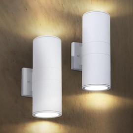 ASD 2-Way Round Cylinder Wall Light Fixture | 120W E26 Bulb Socket 120V | Dimmable, Waterproof, Effective Illumination, ETL Listed | Exterior Up-Down Sconce, Outdoor Porch Lamp | White, 2 Pack