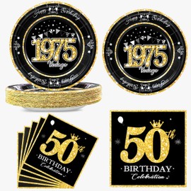 algpty 60 PCS Vintage 1975 Birthday Plates and Napkins Set, 50th Birthday Decorations Black and Gold, Service for 30,50th Birthday Party Supplies, 50th Birthday Plates and Napkins for Men Women