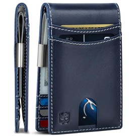 SERMAN BRANDS Navigator Mens Money Clip Wallet. RFID Blocking Slim Front Pocket Wallets for Men, Full Grain Leather RFID Minimalist Card Holder - Color: Atlantic Blue