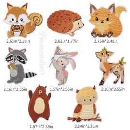 Framendino, 8 Pack Forest Animal Iron on Patches Set Squirrel Hedgehog Raccoon Fox Sewing Patch Rabbit Bear Deer Owl Applique for DIY Clothing