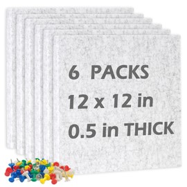 DOLLAR BOSS Felt Cork Board Tiles, 6 Packs 12" x 12" 1/2" Thick Cork Bulletin Board Self Adhesive Corkboards for Walls with 60 Pushpins for Home Office Kitchen School Decor Display, Light Grey