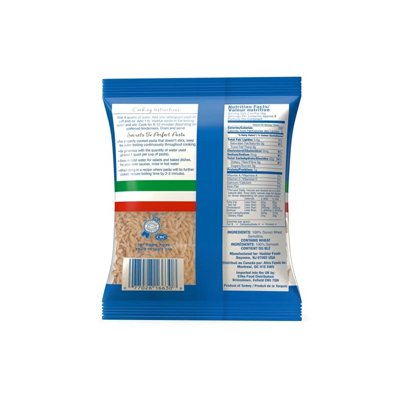 Haddar 100% Durum Semolina Orzo Pasta 16oz (4 Pack) |