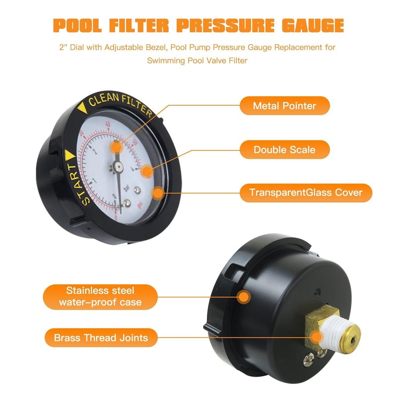 Upgraded Pool Filter Pressure Gauge Replacement Water Proof 60psi 1/4"