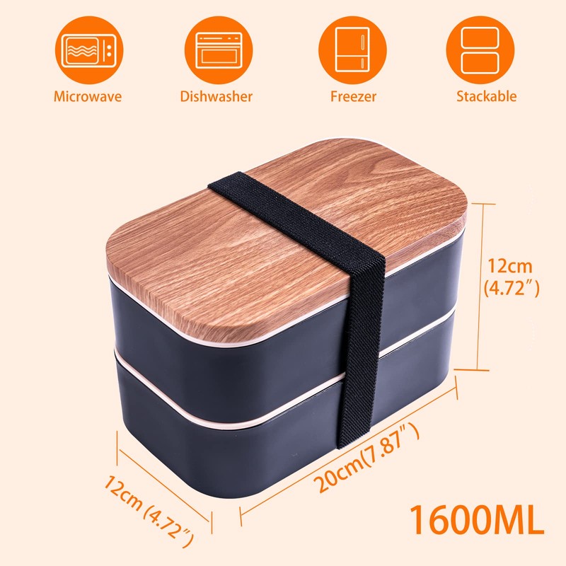 Uybieef Bento Box Adult Lunch Box with Leakproof 54OZ Black