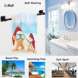 ZzWwR 3D Tropical Summer Beach Starfish in Santa Hat Christmas Soft Highly Absorbent Guest Large Home Decorative Hand Towels Multipurpose for Bathroom, Hotel, Gym and Spa (16 x 30 Inches)