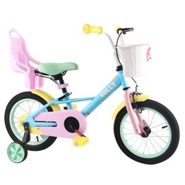 RULLY Toddler Bike for 3 4 5 Years Children, 14 Inch Cycle with Training Wheels, Doll Seat, Basket, Handbrake for Girls & Boys, Macaron
