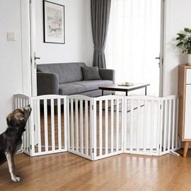 Freestanding Dog Gate Indoor,Doggie Gate Foldable Dog Gates for Doorways,Stairs or Hallways, Wooden White Pet Gate for The House, Pet Fence with Support Feet Included,32 "Height-6 Panels