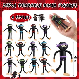 24 Pcs Bendable Ninja Toys for Boys and Girls, Bendable Ninja Figures Bendy Toys Ninja Party Favors Stress Relief Fidget Toys for Birthday Party Supplies Goodie Bag Stuffers Pinata Fillers, 4 Styles