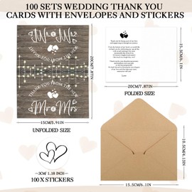 Spakon 100 Sets Wedding Thank You Cards with Envelopes and Stickers Wedding Themed Kraft Paper Thank You Card with Message Mr and Mrs Thank You Notes for Bridal Shower Anniversary Guests (Rustic)