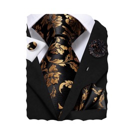 Hi-Tie Mens Tie Lapel Pin Set Jacquard Ties for Men Pocket Square Cufflinks for Formal Wedding Prom,Black Gold Floral