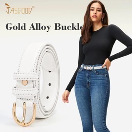 JASGOOD Women's Leather Belt White for Jeans Pants Fashion Gold Buckle Ladies Dress Belt(White,Fit Size 30"-34")
