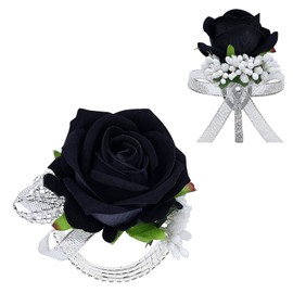 Vkkperp 2Pcs Rose Black Corsage and Boutonniere Set, Artificial Wrist Corsage Wristlet Bracelets, Men Boutonniere for Wedding Anniversary Party Homecoming Flowers Accessories Prom Decor