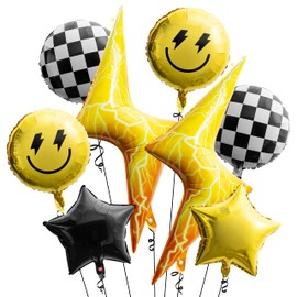 Wood Homing 8PCS 18 Inch Smile Party Checkered Helium Balloons, Yellow Smile Face Prppy Theme Birthday Party Decorations, Yellow Lightning Balloons for Wedding Decor Event Supplies