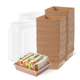 Slomg 50 Pack Plastic Charcuterie Boxes with Clear Lids, 4" Small Paper to Go Food Container for Sandwich Salad Snack, Disposable Mini Bakery Dessert Boxes for Cupcakes Slice Cookies Strawberry Brown