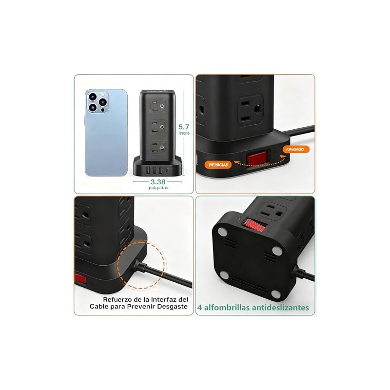 SMALLRT Regleta Torre Multicontacto, Extension Electrica USB C, Conector Multiple