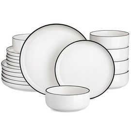 MALACASA Plates and Bowls Sets,12/16/18/24 Pieces Porcelain Dinnerware Sets,Tableware Ceramic Table Setting Service for 4/6,Cutlery Series LUNA - Number Of Pieces: 18 pcs-black trim