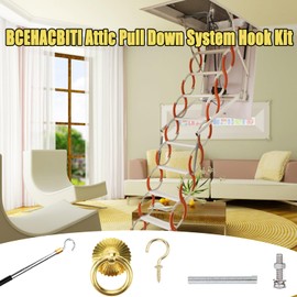 Ladder Pull Down System Kit - Attic Pull System Hook Set Replacement for Cord Ropes with 60 Inch Extension Pole and Copper Storage Hook Handle Parts Tool