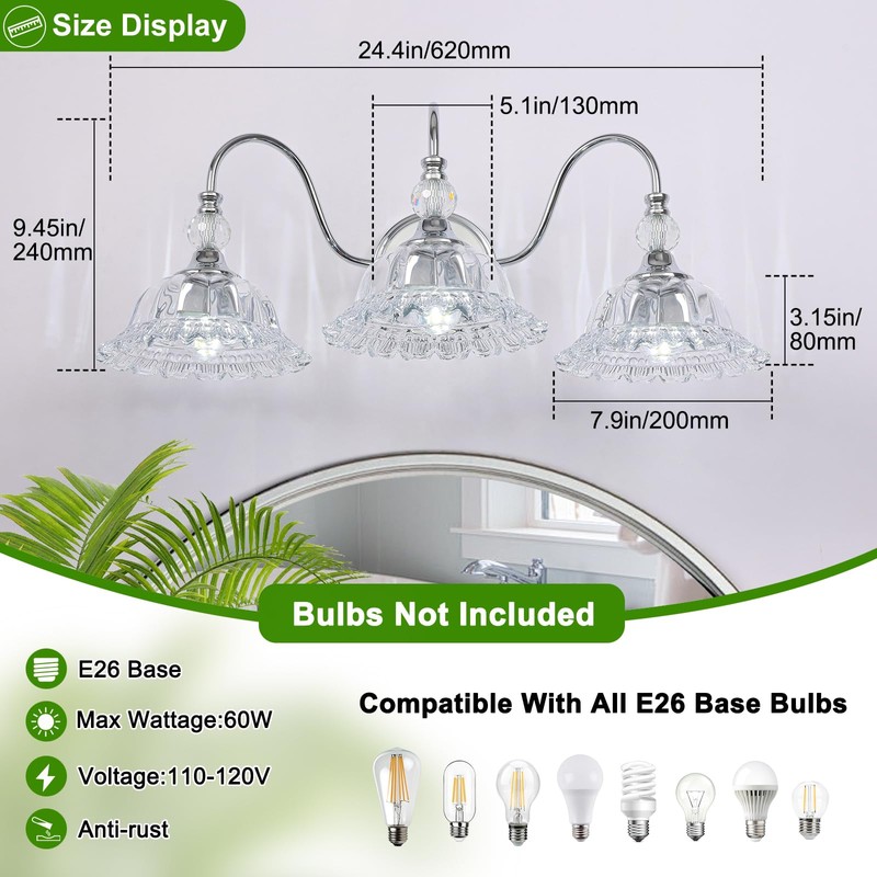 ZHUOER Chrome Bathroom Vanity Light Fixtures 3 Lights Vanity Lights