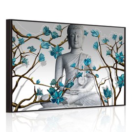 Visual Art Decor Large Zen Canvas Wall Art Buddha Statue with Blue Magnolia Flowers Painting Meditation Picture Prints for Home Living Room Bedroom Yoga Spa Room Decoration Premium Black Floater Frame