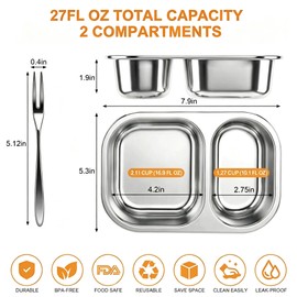 Stainless Steel Bento Box Set, 3 Pack 2-Compartment 27oz/800ml l Lunch Box with Firm Snap Lids, Insulated Lunch Bag, Ice Packs & Forks, Leak Proof Meal Prep Container for Adults Office Fitness Travel