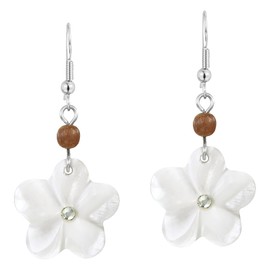 AeraVida Tropical Chic Carved Flower White Mother of Pearl Seashell, Crystal and Wood Earrings | Chic Earrings | White Mother of Pearl Earrings | White Flower Earrings for Women