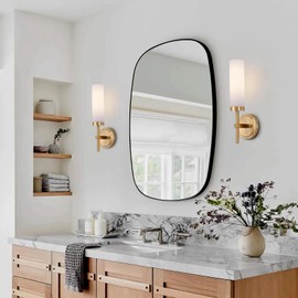 Gold Bathroom Wall Sconces Set of 2, Modern Sconces Wall Lighting Vanity Light Fixtures with Opal White Glass Shade, Brushed Brass Wall Lights for Mirror Living Room Bedroom Hallway Kitchen Stairs