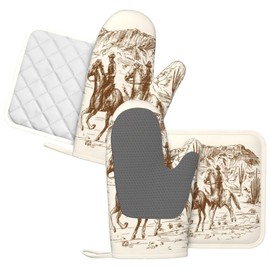 MIFSOIAVV Cowboy Oven Mitts and Pot Holders Sets Silicone Western Desert Cowboy Kitchen Mitts Potholders Heat Resistant 4Pcs Oven Gloves Hot Pads for Kitchen Baking Cooking BBQ Grilling