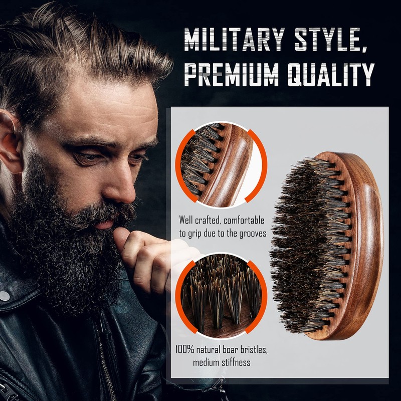 BFWood Boar Bristle Beard Brush, Black Wood Walnut Military Style,